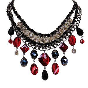 Dramatic red and black glass bead waterfall necklace, fringe bib design necklace